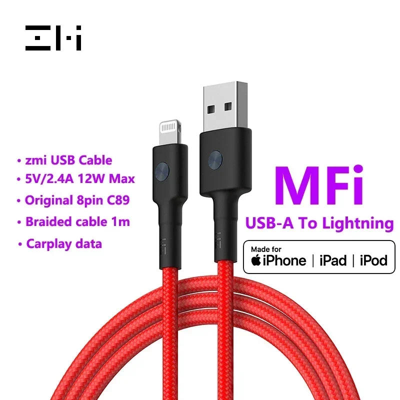 

Кабель ZMI с разъемом USB A на Lightning, MFI Сертифицированный плетеный кабель длиной 1 м для iPhone 14, 13, 12, 11, xs, зарядное устройство для Apple ipad Carplay
