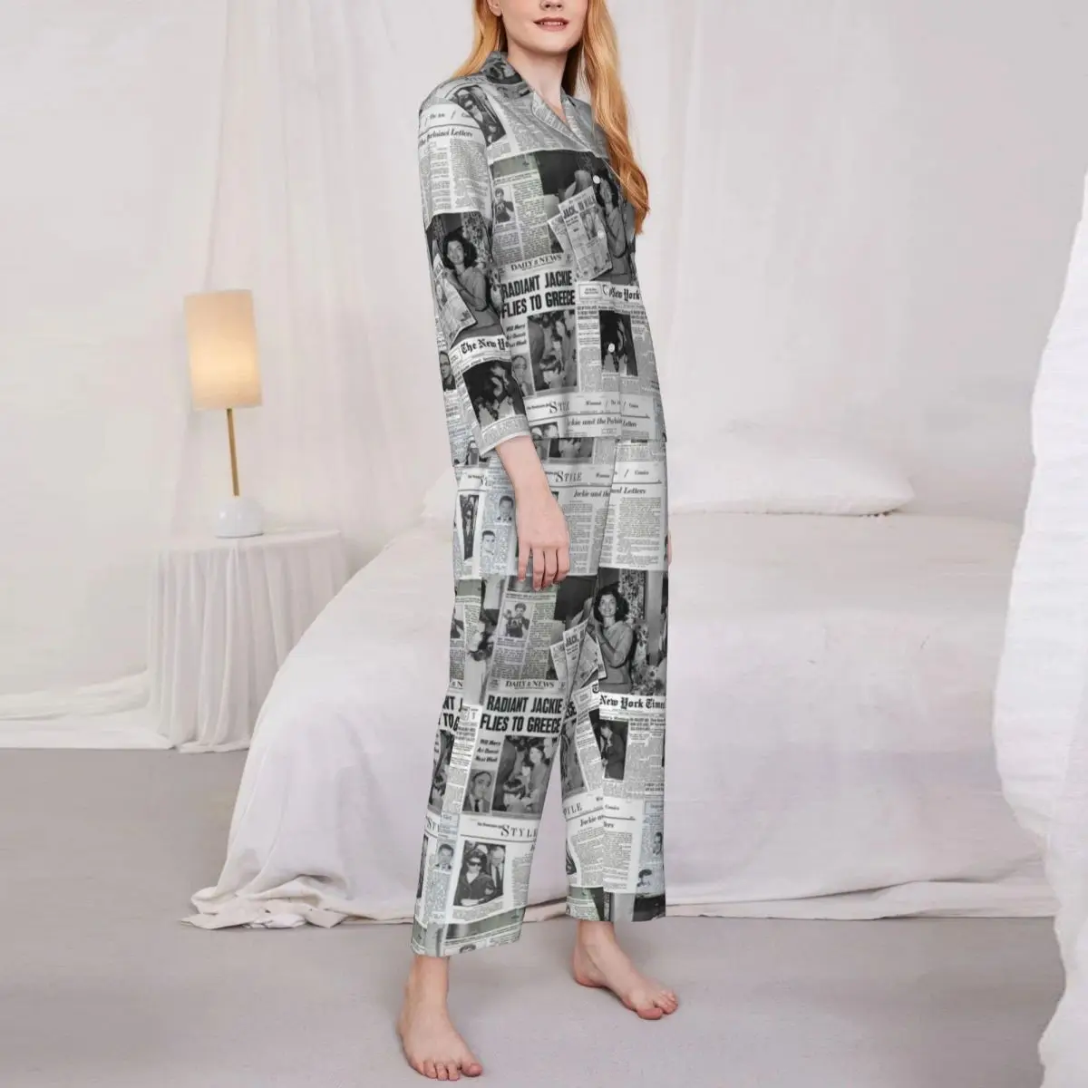 

Газета Женская Джеки Кеннеди, Милая Ночная сорочка для сна, осенний комплект из 2 предметов, повседневные пижамные комплекты большого размера