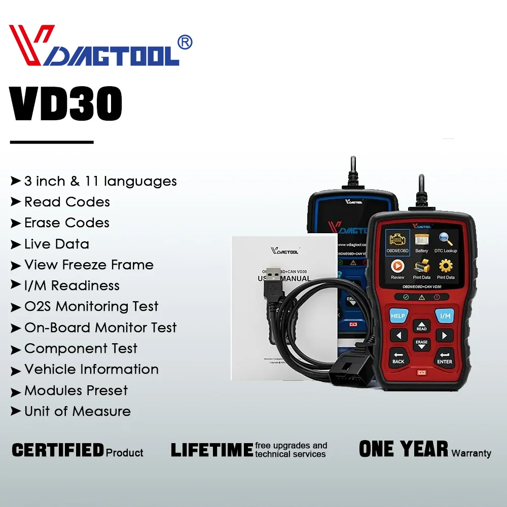 

VDIAGTOOL VD30 OBD2 сканер DTC считыватель кодов поиска Автосканер I/M тестирование аккумулятора Многоязычное бессрочное бесплатное обновление