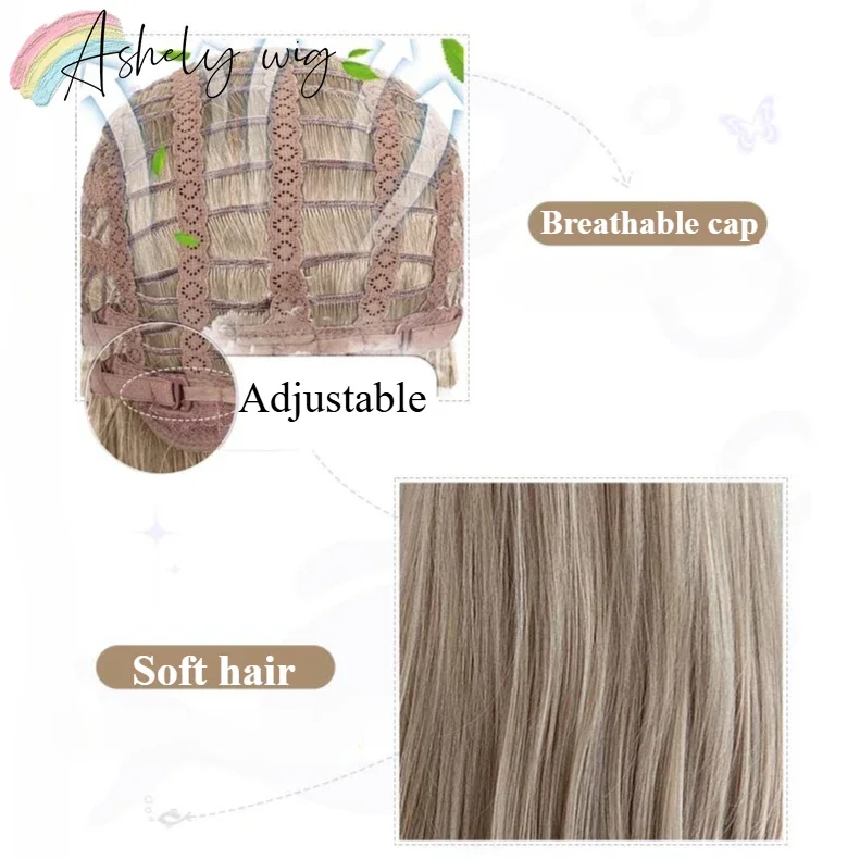 Parrucca bionda con frangia Parrucca per capelli medi lisci da 22 pollici per donna Parrucche sintetiche morbide naturali in fibre resistenti al calore 가Peluca - immagine 2