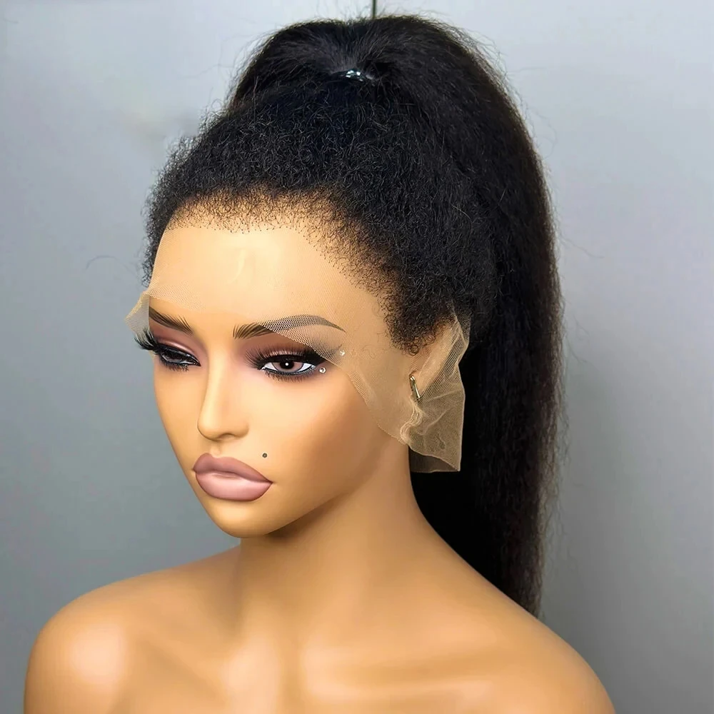 

Black 1B Yaki Preplucked Glueless Long 180%Density Kinky Straight Lace Front Wig For Women Baby Hair Heat Temperature Daily