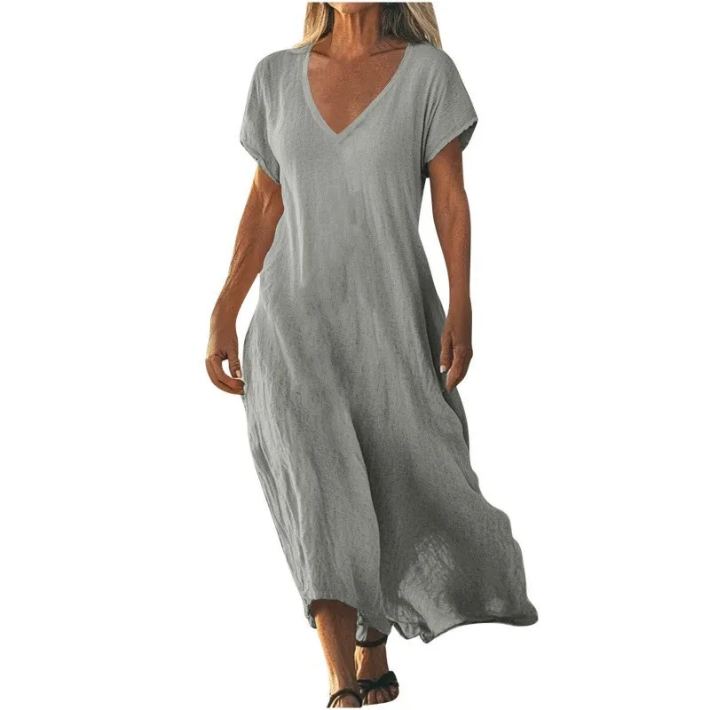 Linen V Neck Short Sleeve Summer Midi Dress for Women