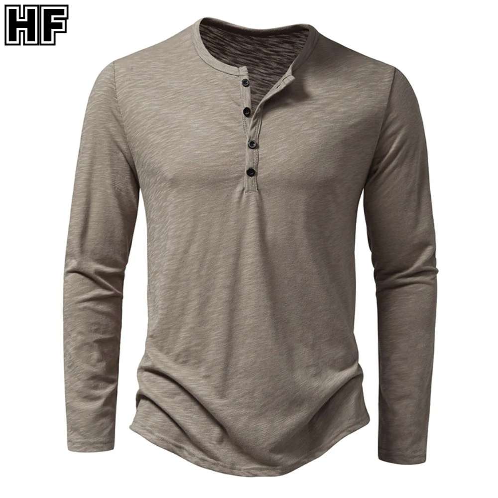 

Autumn Men's Cotton Button Henley Neck Long Sleeve Casual T Shirt Summer Solid Color High Quality Male Tops Classic Clothes
