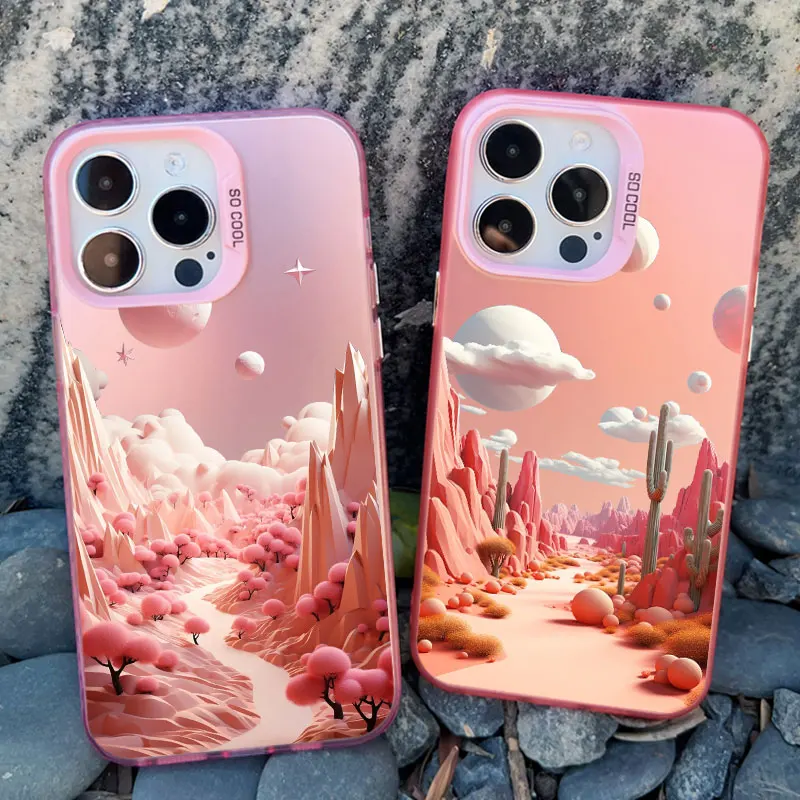 Creative Mountains Landscape Scenery Pink Shockproof Laser Phone Case