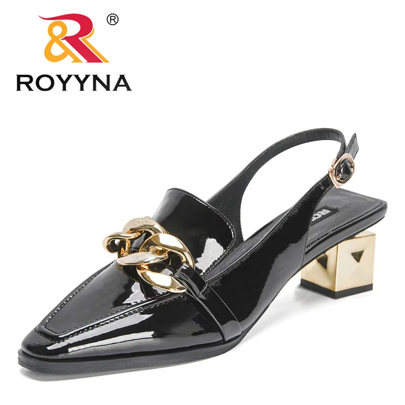 

ROYYNA 2022 New Designers Genuine Leather Slingback Pumps Women Elegant Pointed Toe Golden Heels Shoes Woman Patent Sandals