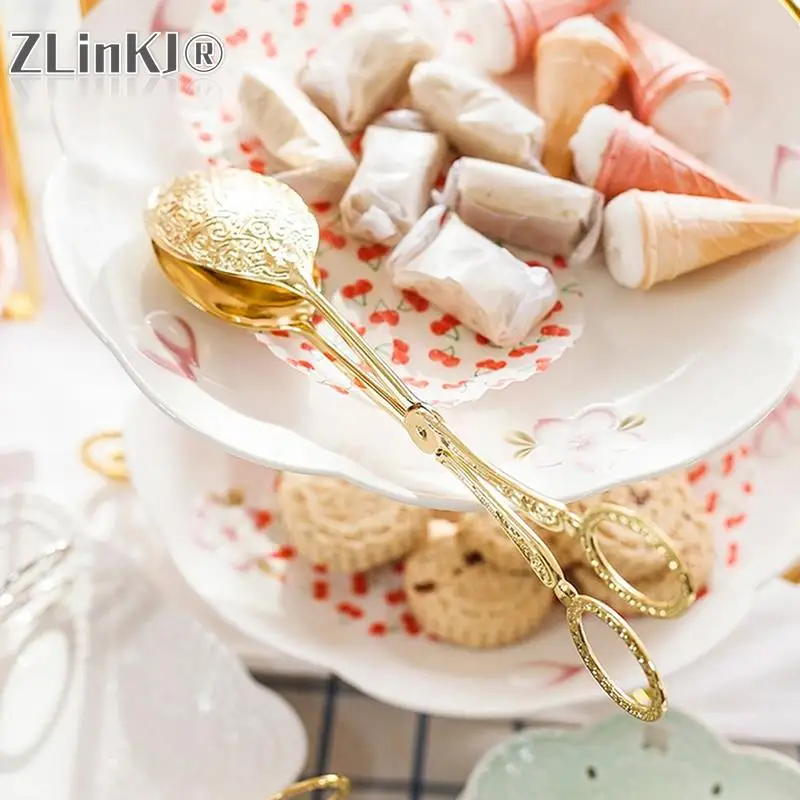 Food Tong Gold-plated Snack Cake Clip Salad Bread Pastry Clamp Baking Tool Fruit Salad Cake Clip Kitchen Utensils Wedding Decor food tongs