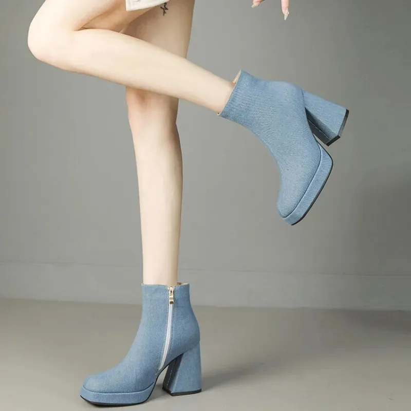 여성용 하이힐 부츠, 카우보이 부츠, 솔리드 데님 지퍼, 간결한 모던 부츠, 높이 10cm, 가을 및 겨울 패션