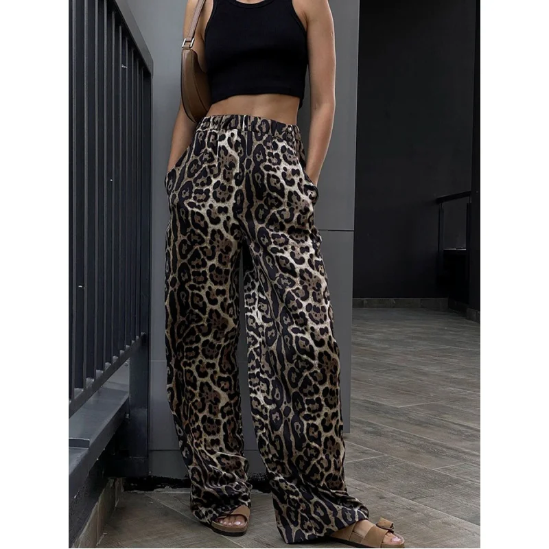 Leopard Print Street Style Mid-Waist Elastic Band Wide Leg Trousers New Autumn Fashion Casual Pants for Women Yy18