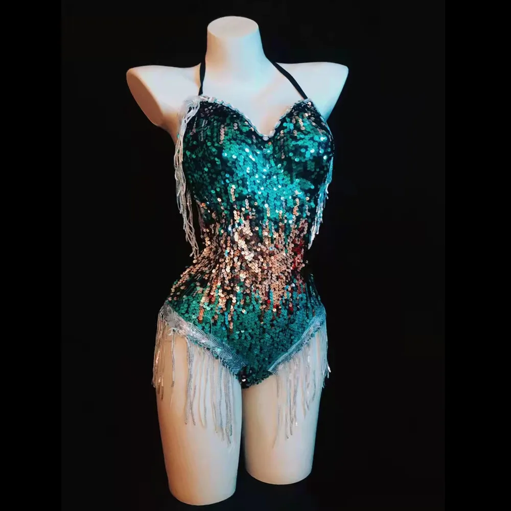 

Green Sequins Backless Bodysuit Bar Party Show Sexy Stage Latin Dance Tights Women Nightclub DJ Pole Dancing Leotard Costume