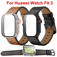 Strap+Glass Case For Huawei Watch Fit 3 Leather Bracelet Loop For Huawei Watch Fit 3 Smartwatch Change To Ultra Protector Case