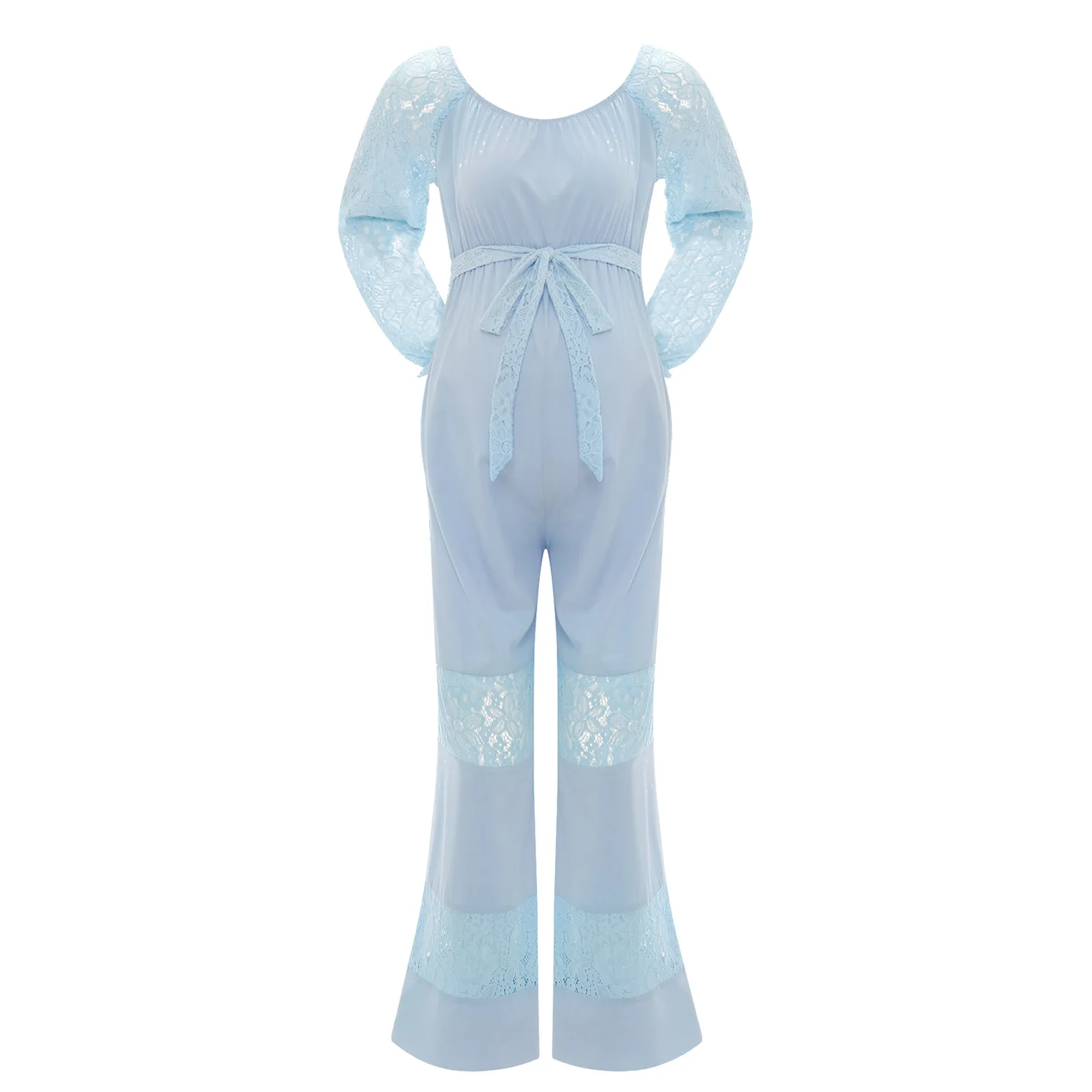Women's Maternity Jumpsuits Pregnancy Work Clothes Pregnant Casual Long Sleeve Lace Hallow out Loose Wide Leg Ruffled Overalls 3
