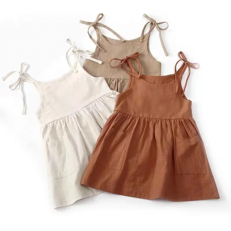 

Baby Girl Suspender Backless Dress New Summer Cotton and Linen U-neck Loose Skirt Kids Clothes Girl Dress Vestidos Para Niñas