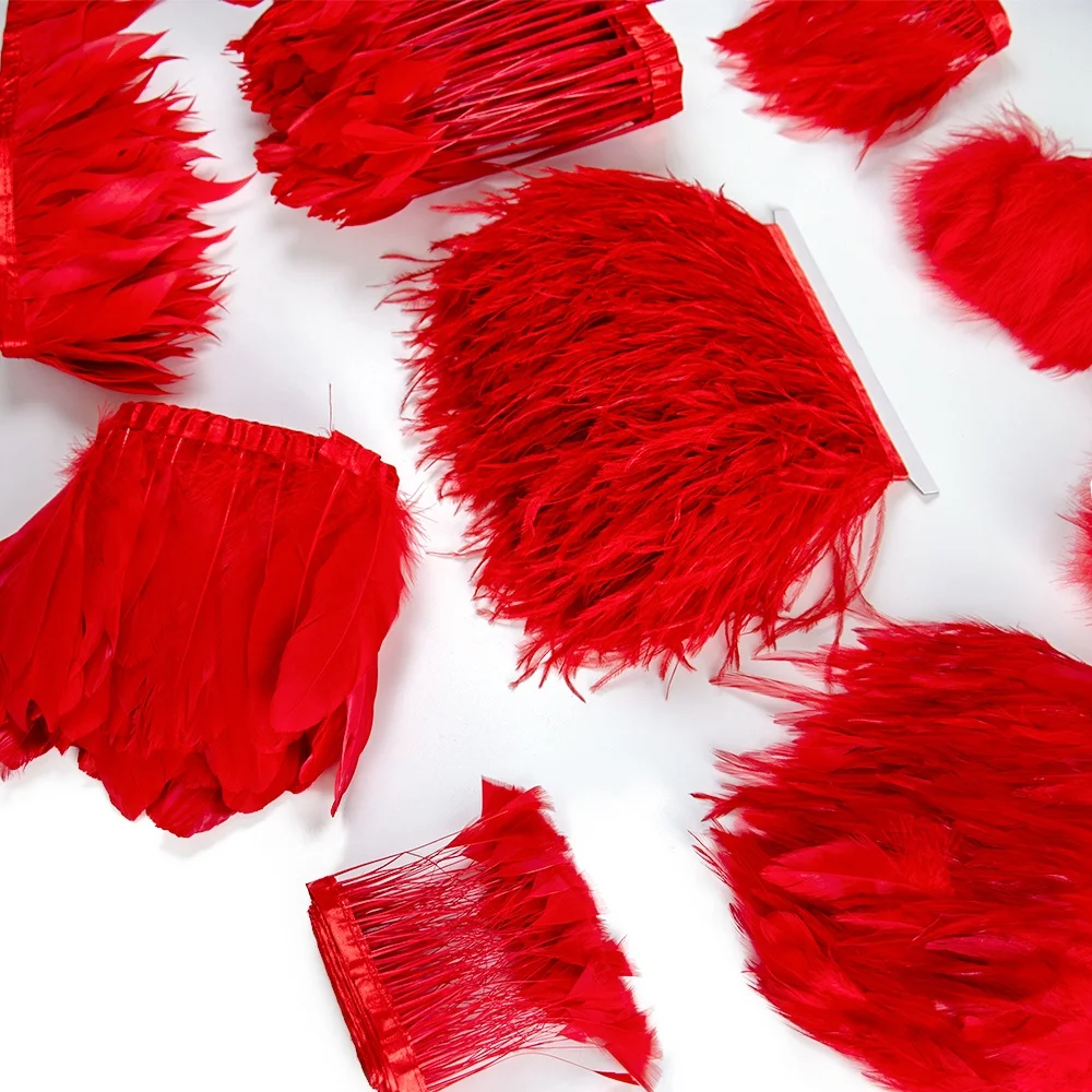 1 Meter Red Goose Marabou Feather Trim with Ostrich Feather Fringe for Wedding Decor DIY Crafts Dress Clothing Sewing Decoration