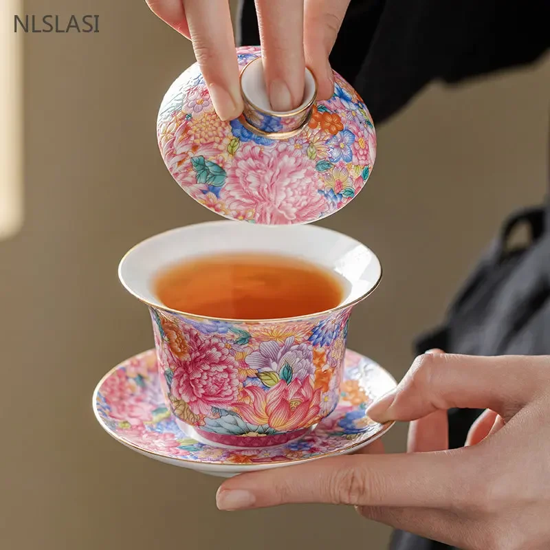 150ml Enamel Color Tea Set Jingdezhen Ceramic Gaiwan Chinese Tea Cup Cover Home Infuser Teaware Gifts
