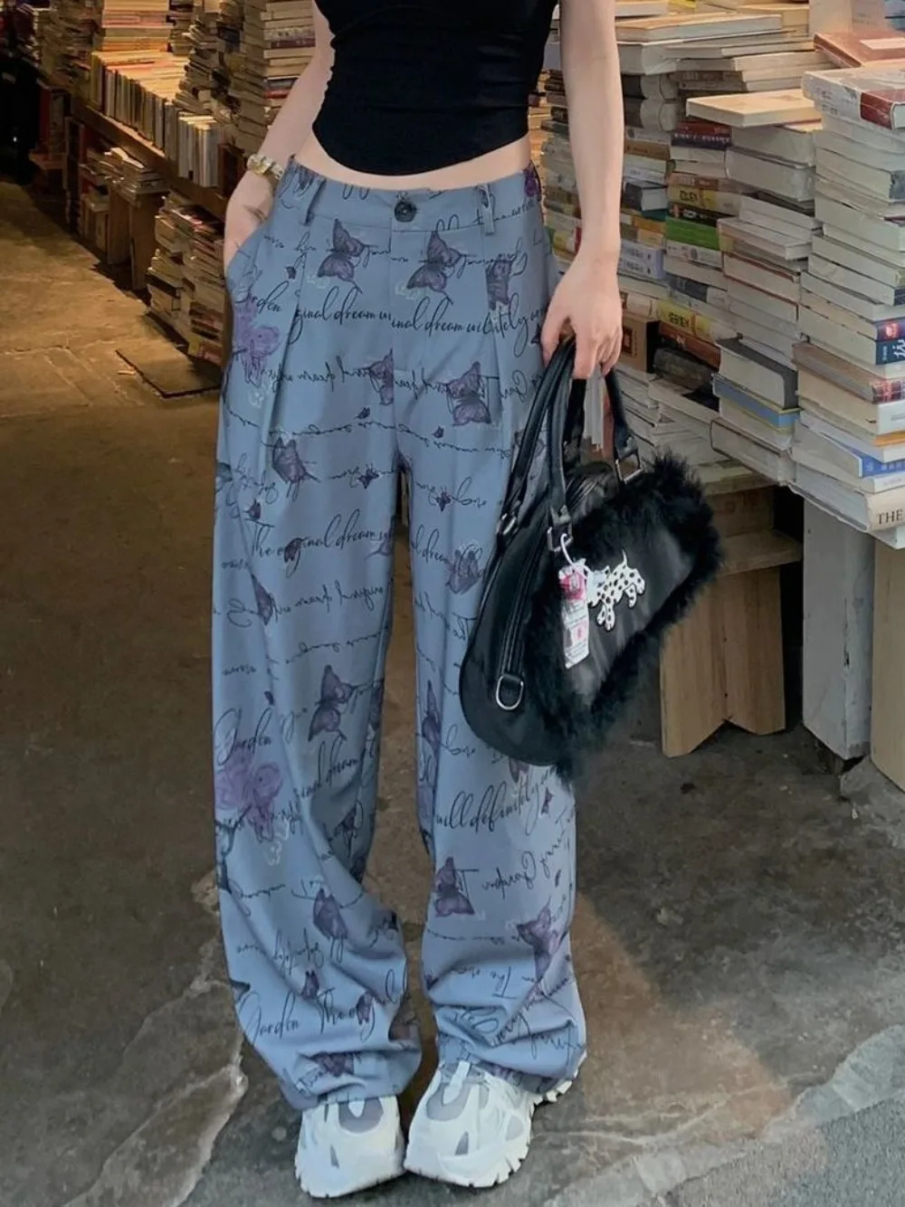 

American retro chic print satin casual pants children's summer thin section of high-waisted thin drape feeling wide-legged pants