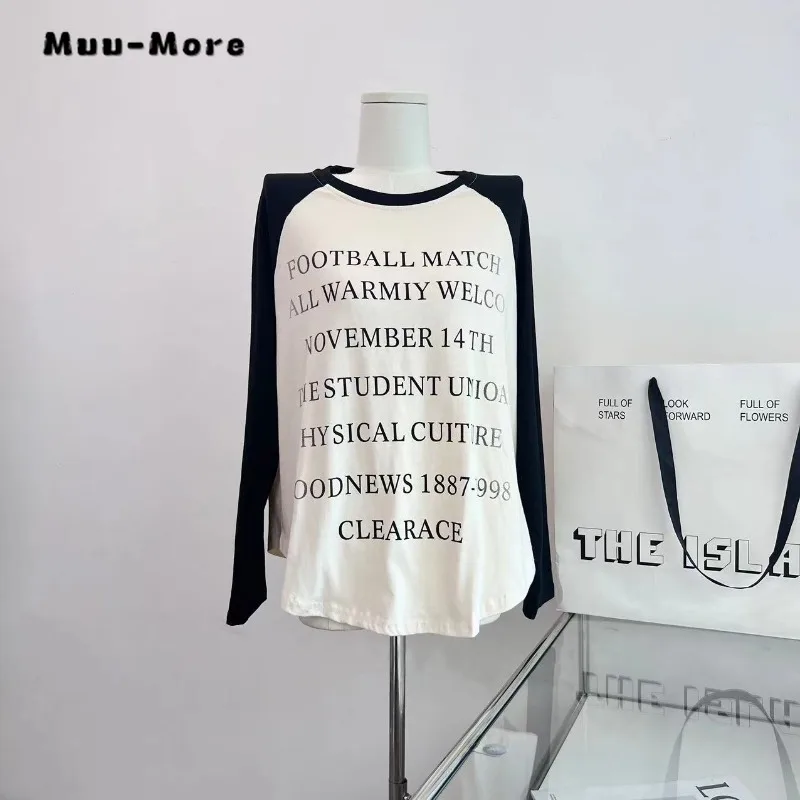 

2023 Autumn Winter Korean Casual Patchwork Letter Printing Crewneck Tops for Women Oversized Fashion Long Sleeve Hedging Top