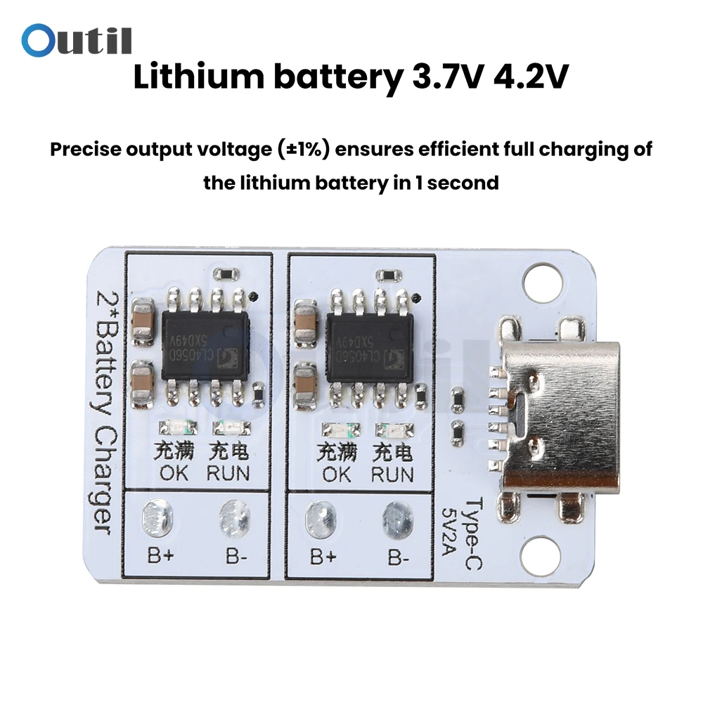 Ports de charge Type-C et indicateurs LED lumineux sur chargeur batterie lithium 18650 double canal.