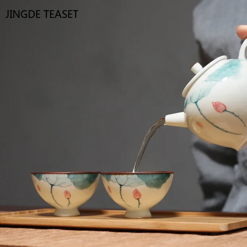Chinese Ceramic Teacup Hand painted lotus pattern Tea Bowl Master cup Personal Single Cup Small tea cups travel Teaware