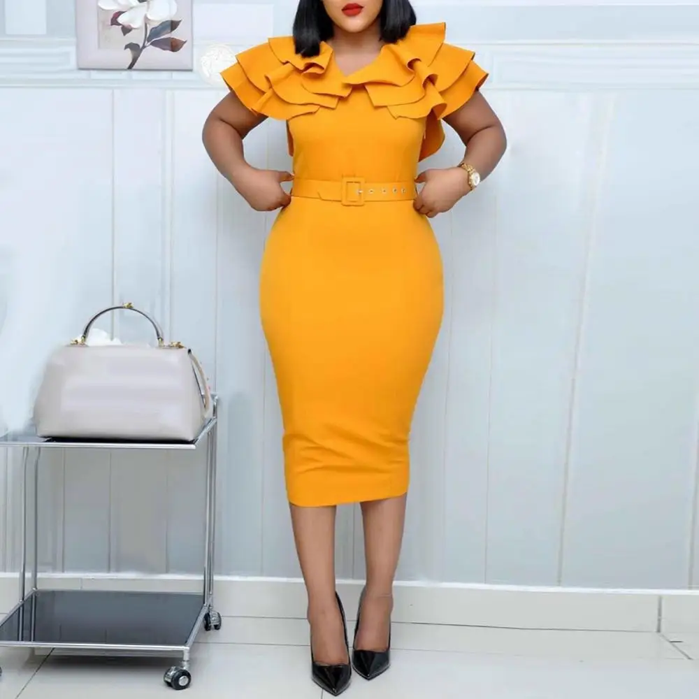 

Solid Color Bodycon Short Midi Dress HOTOffice Lady V Neck Ruffled Sleeve Belt