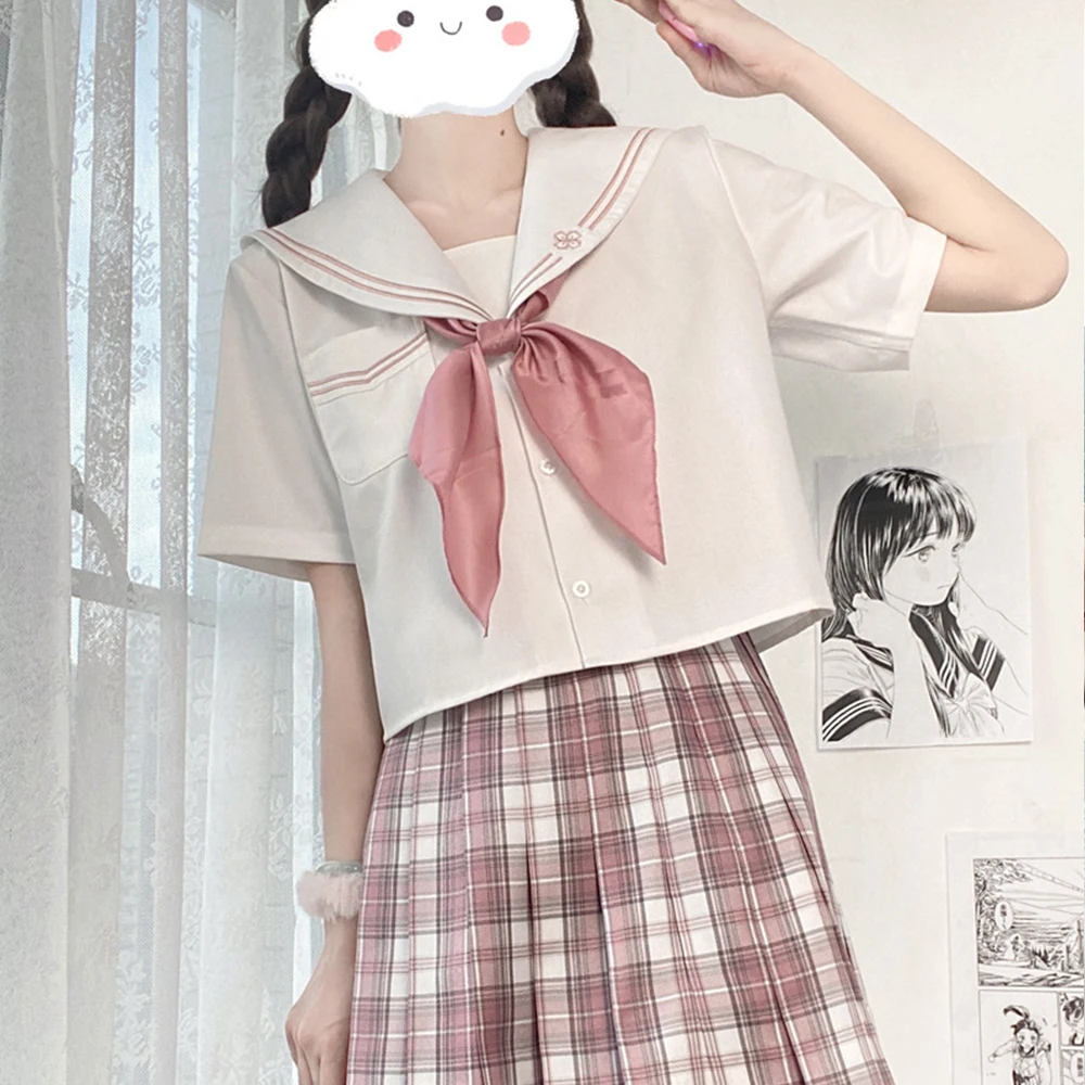 Japanese School Girl Uniform Set Sweet Cherry Blossom Jk Suit Sexy Plaid Pleated Skirt Fuku Anime COS Graduation Costumes Women