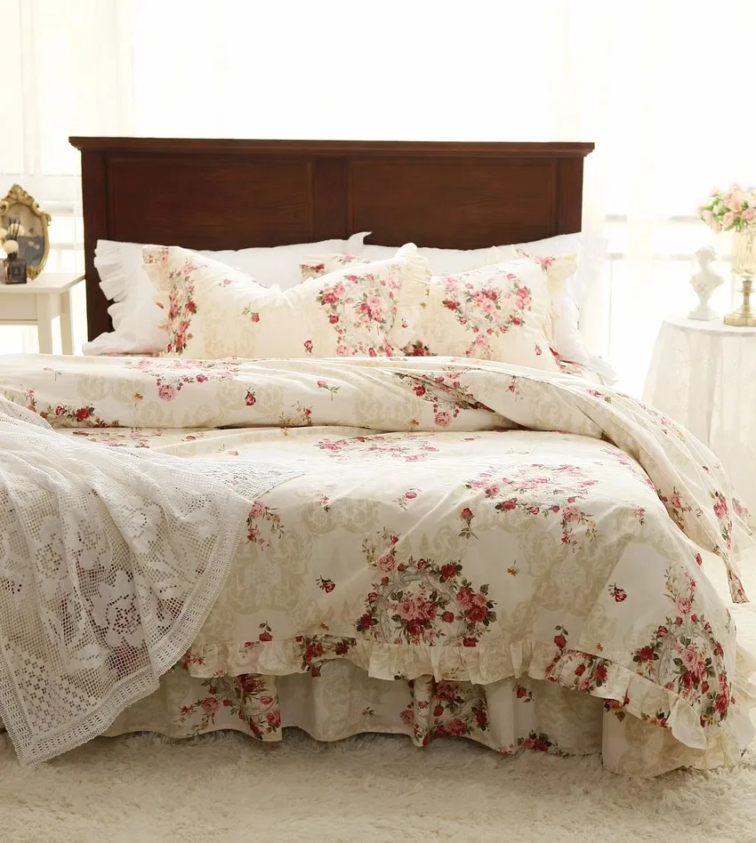 

Egyptian Cotton Home Textile Flowers Print Princess Bedding Set Luxury Lace Ruffles Duvet Cover Bedspread Bed Skirt Pillowcases