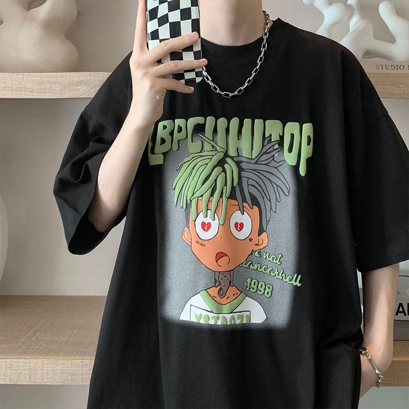 

Cotton Short Sleeved T-shirt for Men and Women with Round Neck Ins Trend Couple Personality Portrait Pixel Half Sleeved Clothes