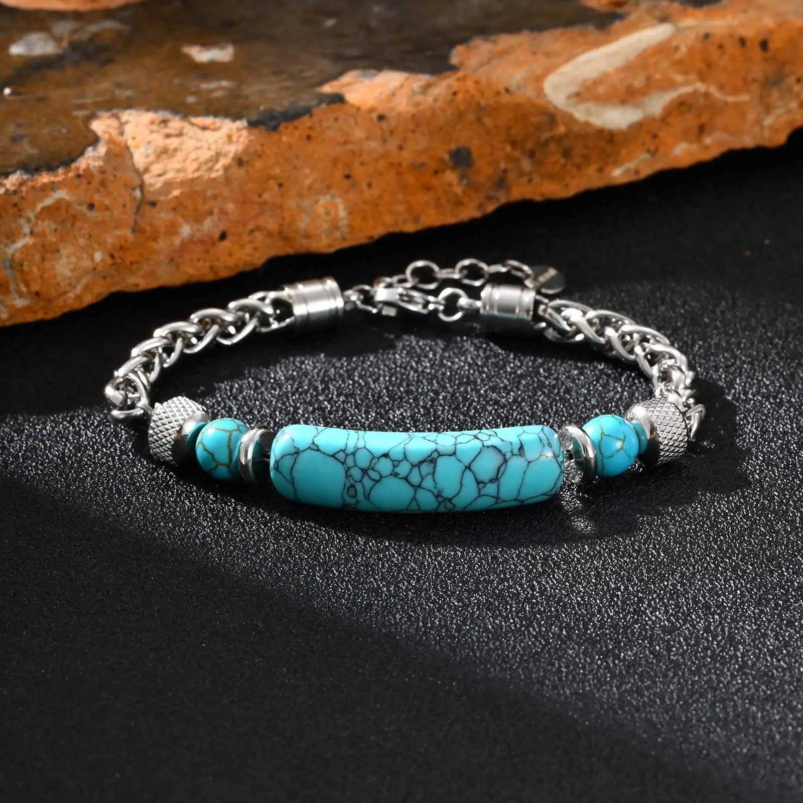 Trendy Natural Turquoise Chain Bracelet for Men Boys,Stainless Steel Adjustable Link Wristband,Male Jewelry Gift for Him