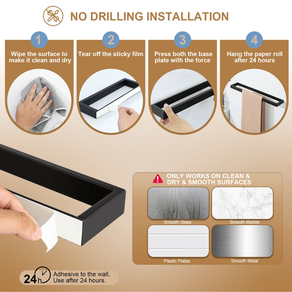 Porta Asciugamani Da Parete Nero - Acciaio Inox 304, 39 Cm, 2 Metodi Di Installazione