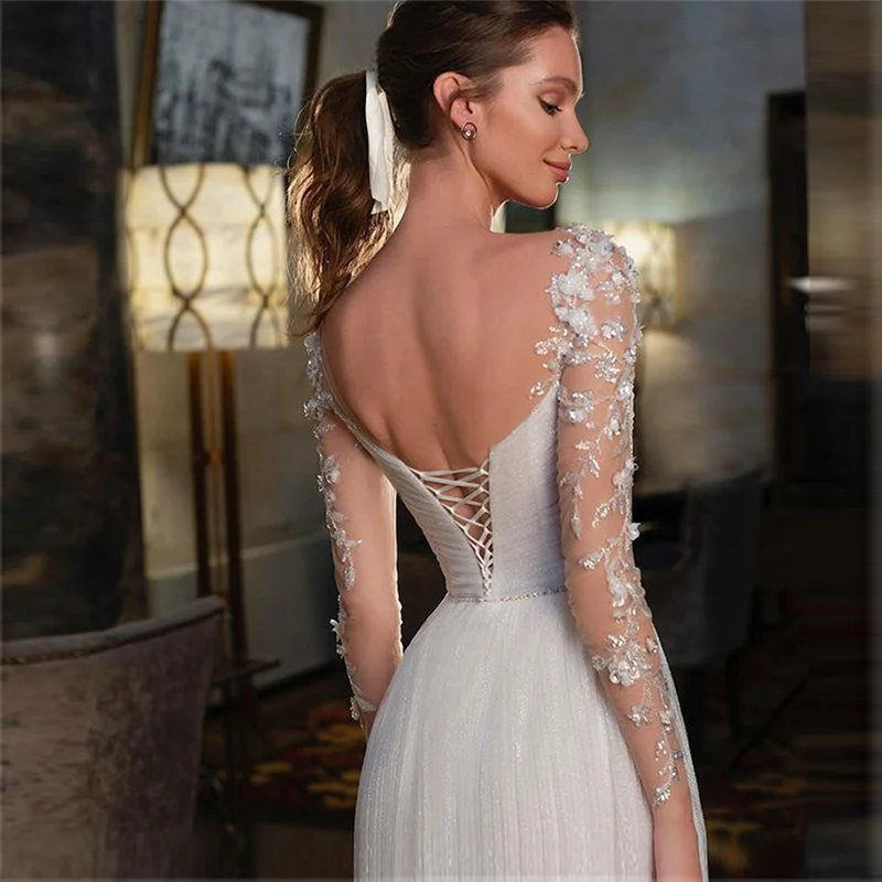 traditional wedding dresses Sumnus Elegant Beach Wedding Dress High Slit Beading Appliques Long Sleeve Customize Dresses For Bride Lace-up Back Shiny Gowns reception dress for bride