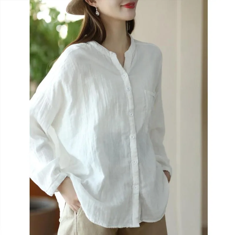 

2024 New Pure Cotton Solid Color Shirt Women Single-breasted All-match Temperament Spring V-neck Long Sleeved Office Lady Tops