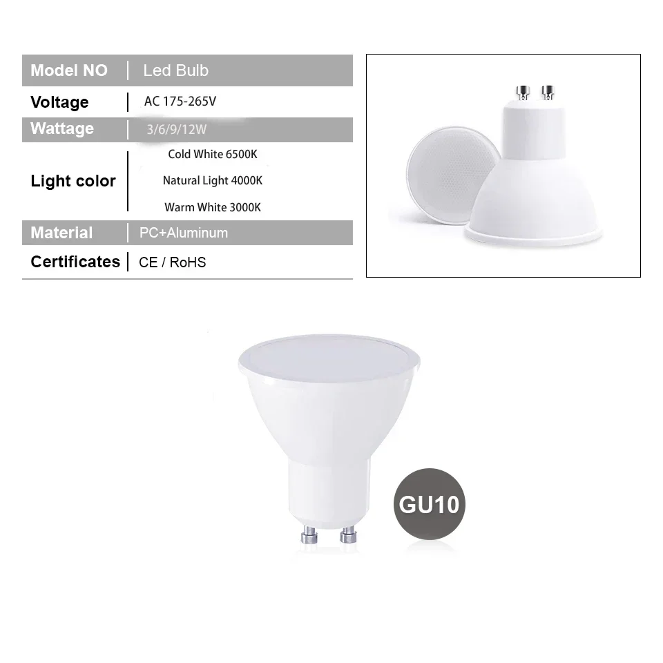 10 pz 220V 3W 6W 9W 12W lampadina a LED GU10 faretto a LED lampada a mais lampada a risparmio energetico per soggiorno