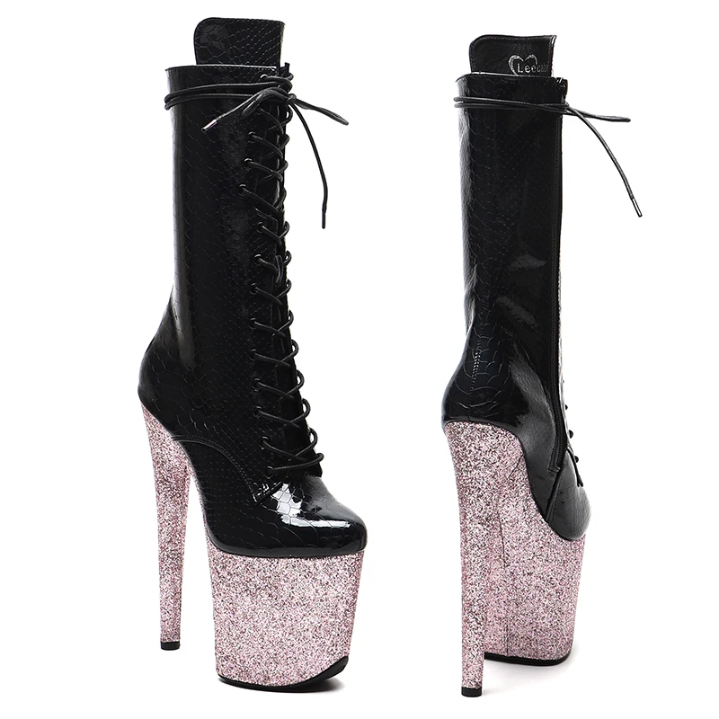 Leecabe Shiny  Snake PU Upper 20CM/8inches Glitter High Heel Platform Boots Closed Toe Pole Dance Boots