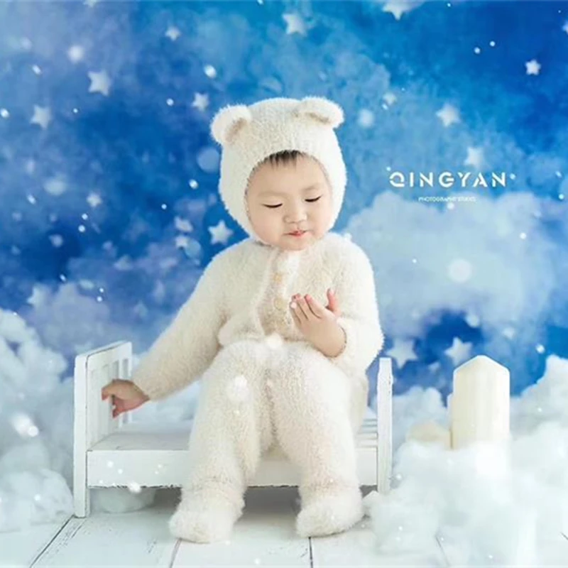 Dvotinst Baby Photography Props Soft Knitted Cute Bear Hat Bonnet Outfits Romper 2pcs Set Fotografia Studio Shoots Photo Props