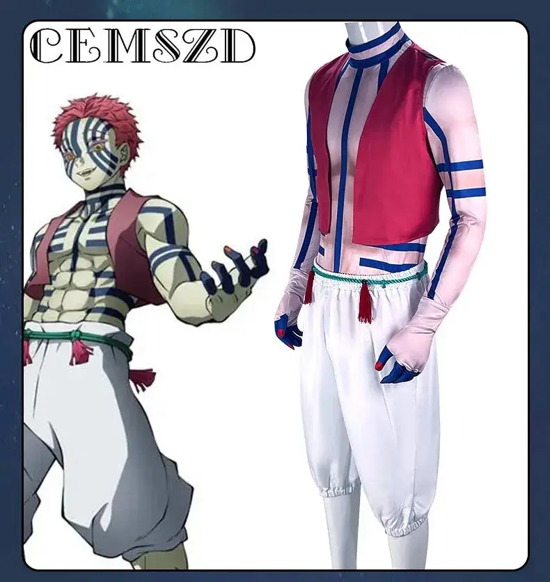 

Anime Demon Slayer Season 3 Akaza Cosplay Costumes Kimetsu no Yaiba Hakuji Pants Tops Vest Belt Gloves Halloween Male Full Suit