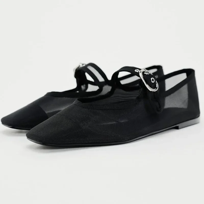 Women SHOBOO Women's Woven Mary Jane Flats Mesh Ballet Flats