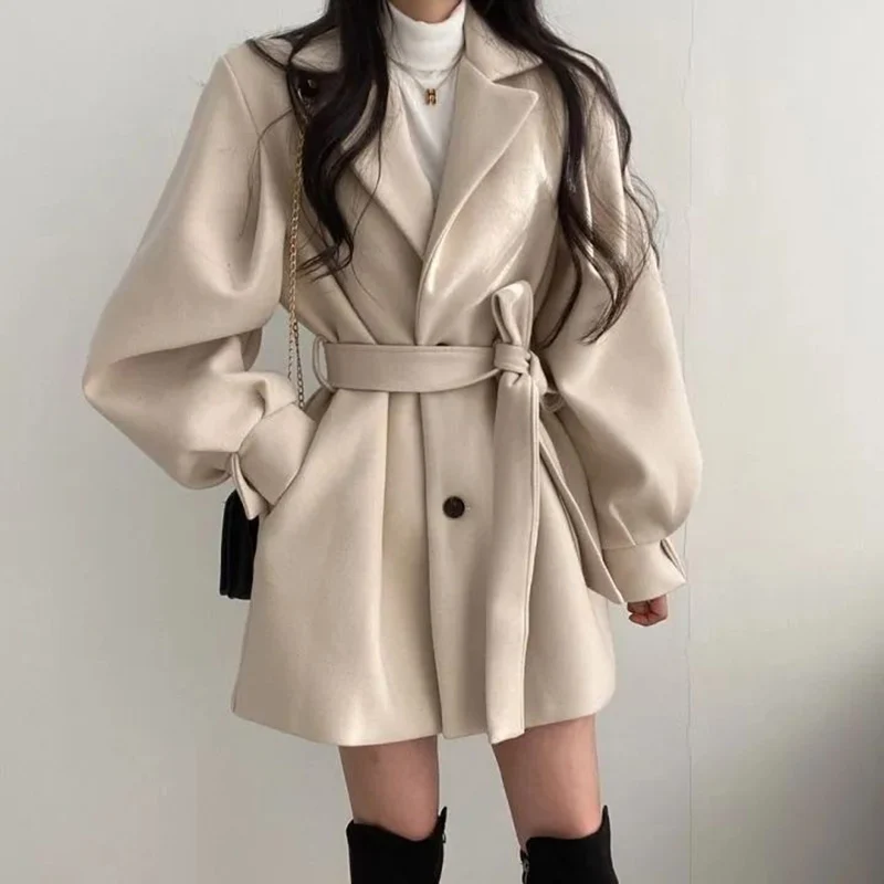 

Mid Length Lapel Belt Jacket Office Lady Slim Trendy Outwear Women Woolen Coat Autumn Winter Elegant Korean Solid Thick Warm