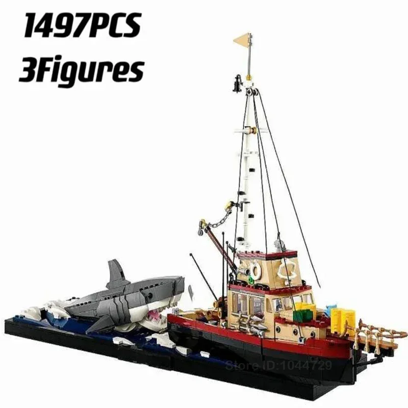 Building Block Toys Building Toy Set Educational Toy Jaws Diorama Boat Shark Pirate Ship Building Blocks Fishing Boat Model Bricks Toys 21350 for Kid