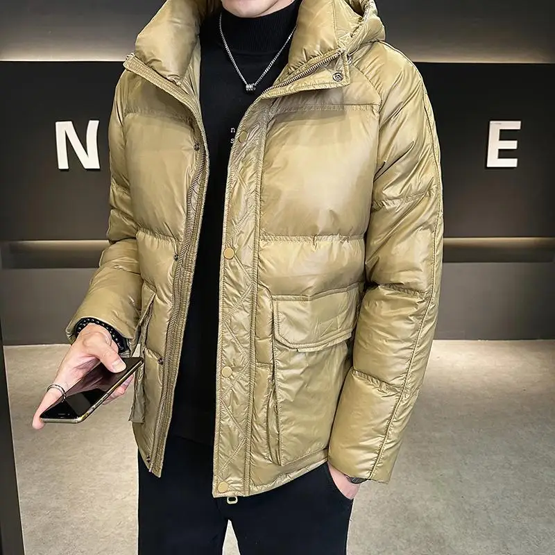 New 2023 Winter Men's Solid Color Duck Down Jacket Outwear Warm Bright Hooded Puffer Coat Plus Size Waterproof Thick Down Parkas
