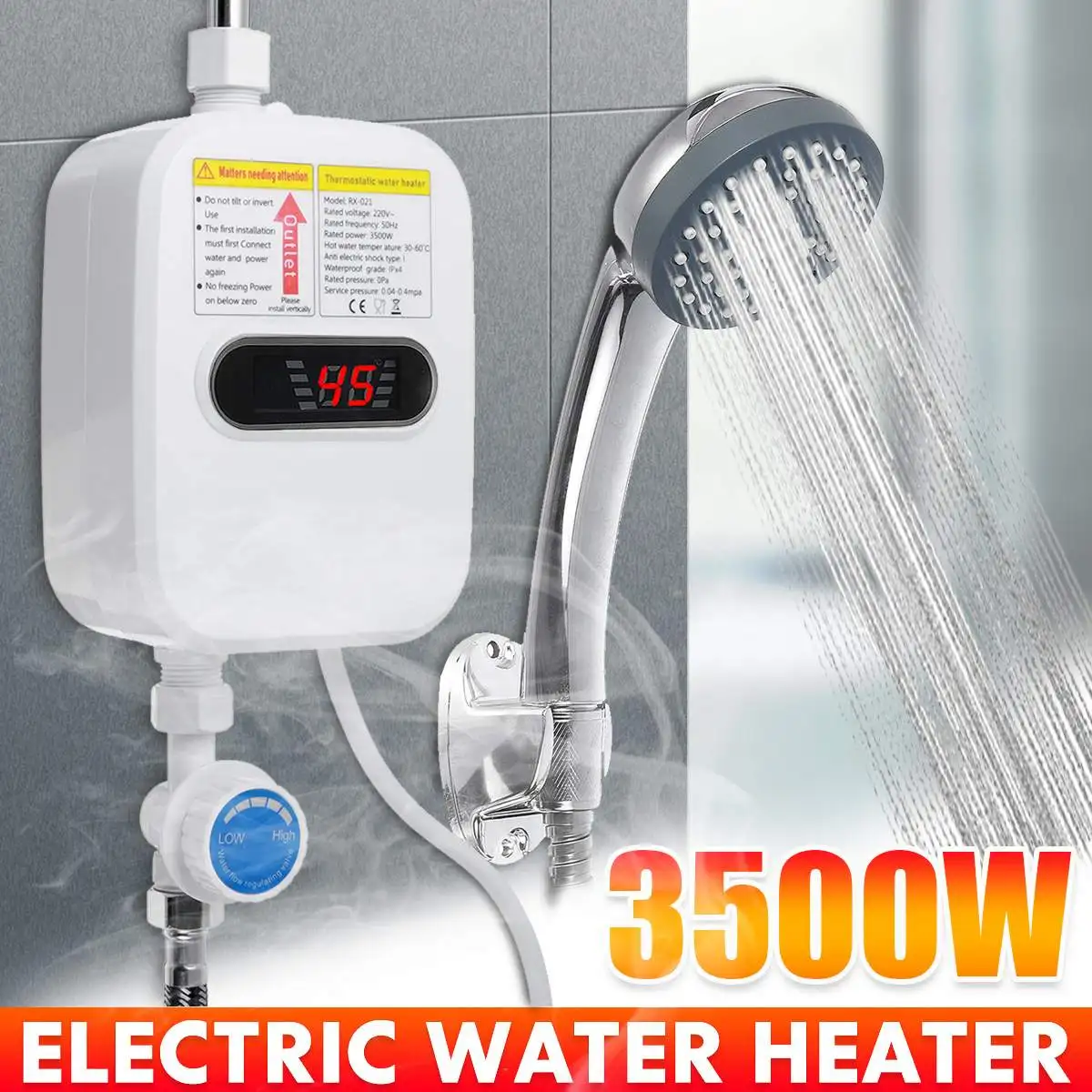 

3500W Electric Shower Instant Water Heater 3S Heating Bathroom Kitchen Tankless Electric Water Heater Temperature Display 220V