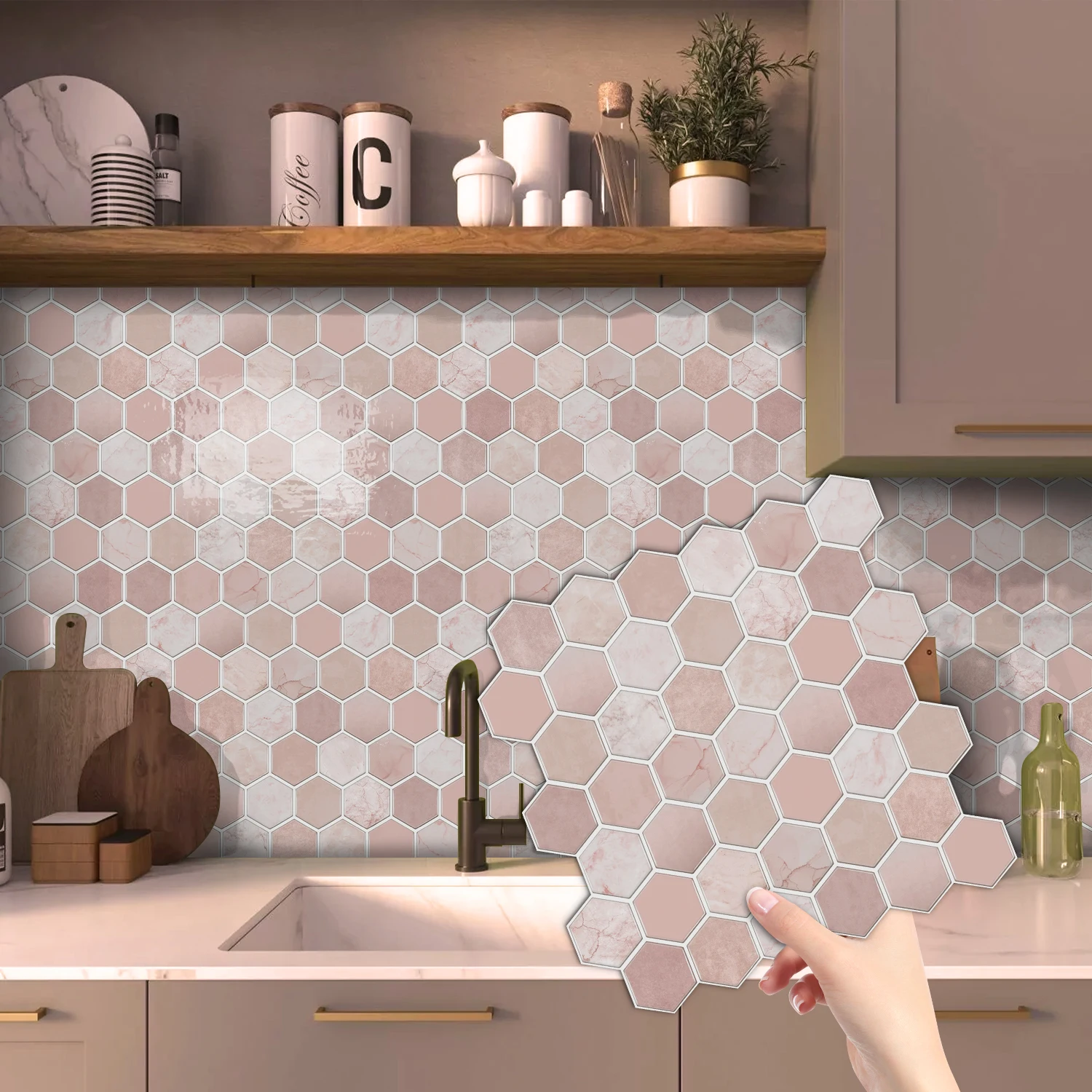 Wall Stickers 1/12PCS Pink Splicing Marble Tile Wall Stickers Living Room Kitchen Waterproof and Oil Resistant Wallpaper Home Renovation Decal