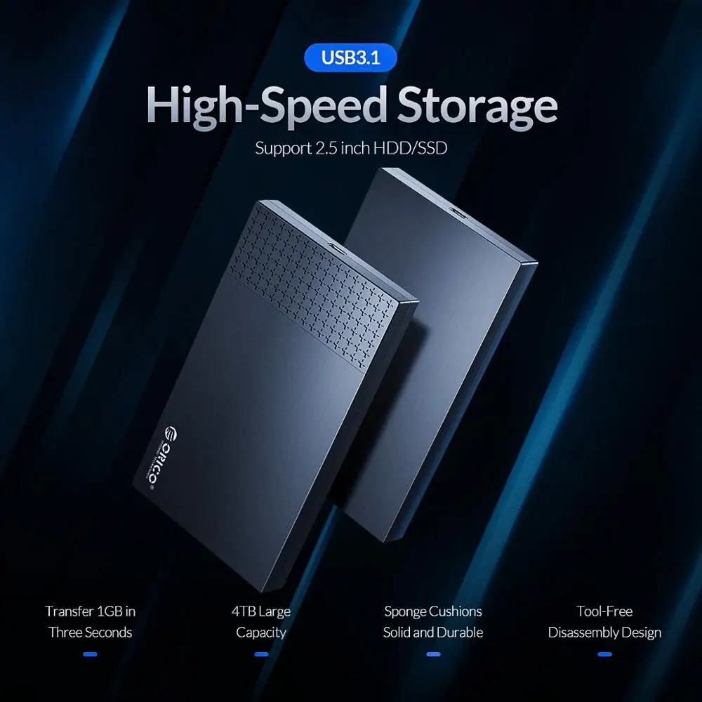 ORICO HDD 케이스 2.5'' SATA to USB3.1 하드 드라이브 인클로저 6Gbps 2.5인치 SSD 디스크 HDD 박스 HD 외장 인클로저 UASP 지원