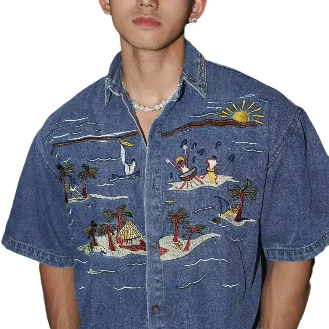 Neutral Retro Short Sleeve Shirt Summer Hawaii Beach Style Coconut Tree Denim Print Men's Shirt Casual Fashion