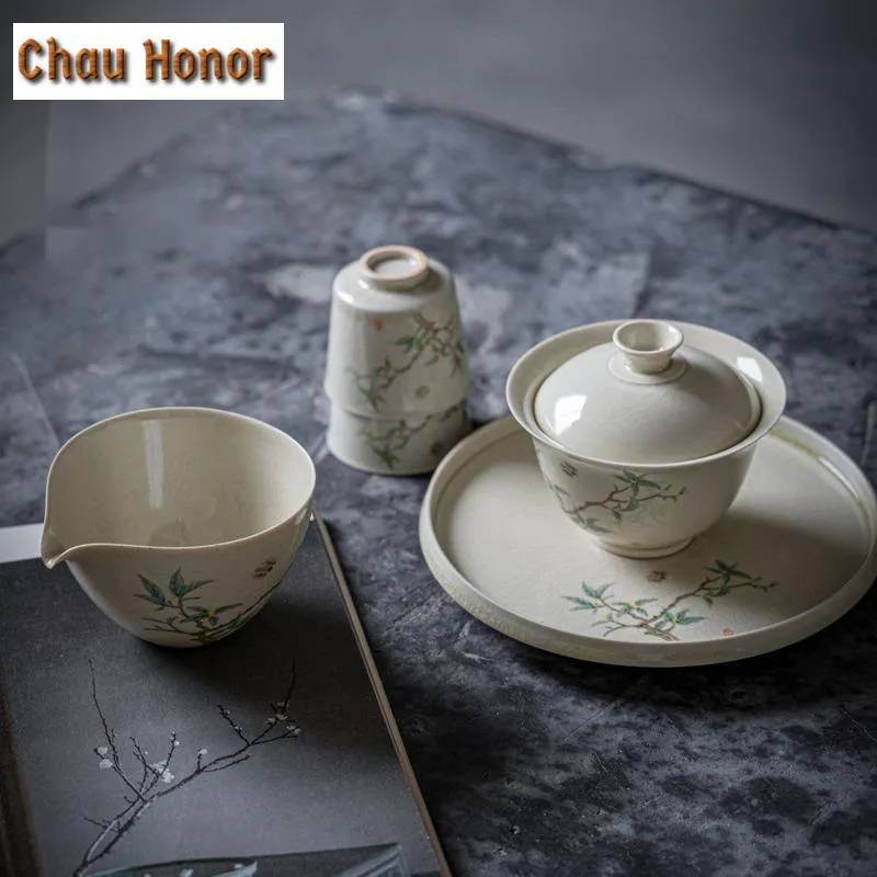 170ml Chinese Ru Kiln Porcelain Gaiwan Hand-painted Osmanthus Tea Tureen Tea Brewing Cover Bowl  Ice Cracked Glaze Teaware Gift