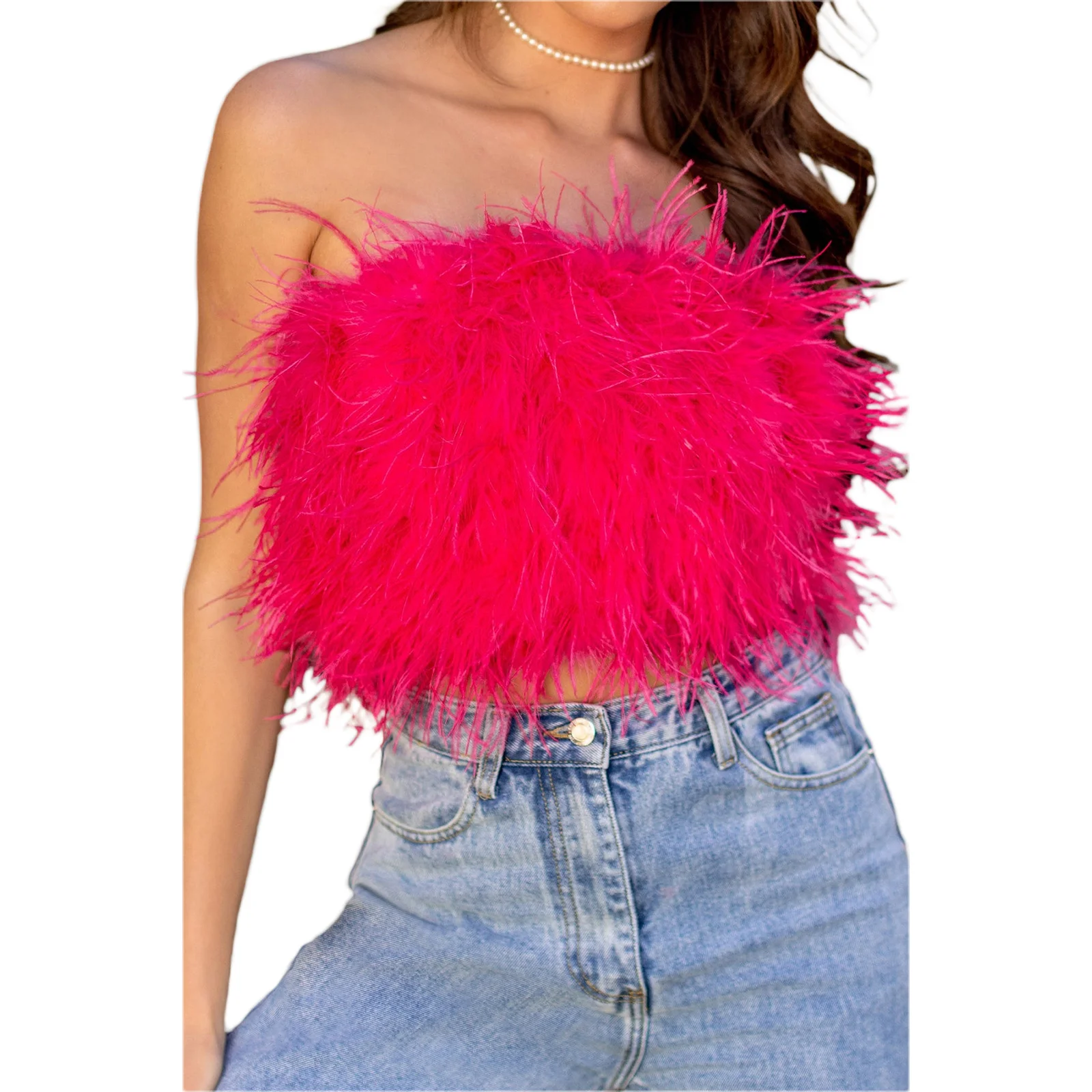 Women's Fashion Crop Top Female Camisole Summer Solid Color Boat Neck Sleeveless Fluffy  Feather Strapless Vest For Ladies Y2k
