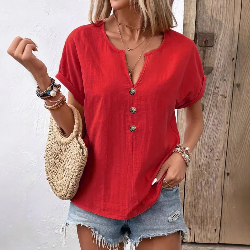 New women's shirts with V-shaped button blouses, loose short-sleeved solid color casual summer t-shirts for daily wear for ladies.