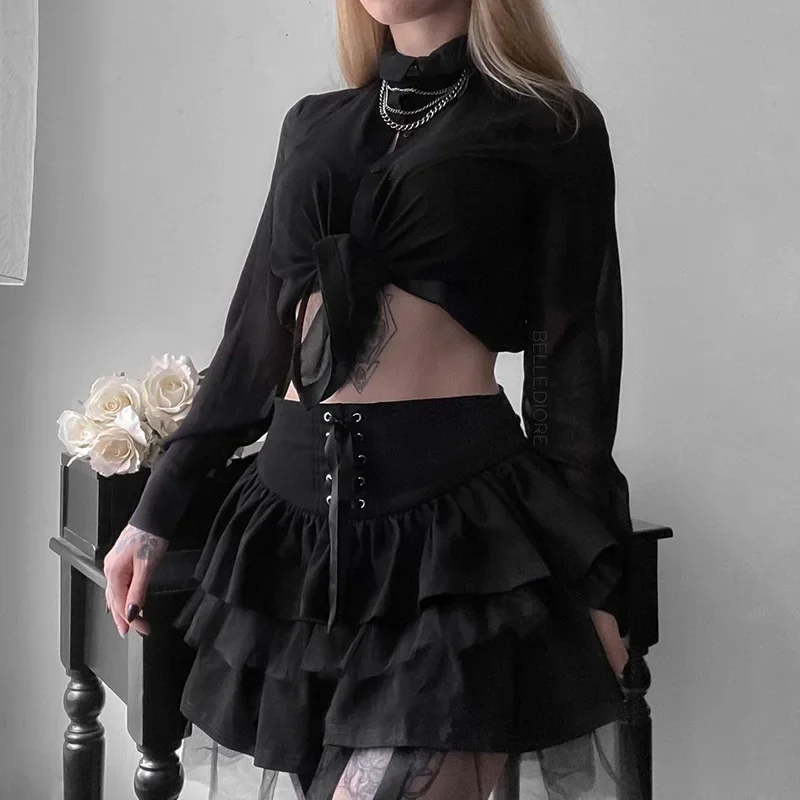 Sexy Mall Goth High Waist Mini Skirts Gothic Punk Dark Black Women Harajuku Y2k Lace Up Mesh Skirt Vintage Streetwear Clubwear gothic strapping gloves women lolita lace flower fingerless sleeves black hollowed out mesh punk mitten clothing accessories