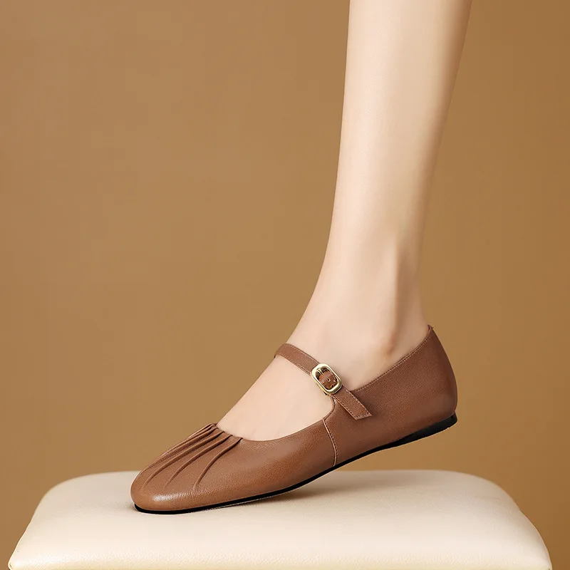

Genuine Leather Pleated Design Round Toe Flat Shoes Buckle Straps Soft Zapatos Mujer Vacation French Old Money Comfort Luxury