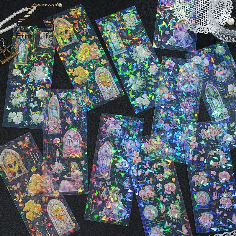 3 Blatt/Packung Bronzing Shell Light PET Aufkleber Retro Dream Romantische Blume Fenster Mädchen Katzen Scrapbooking Journaling Collagen