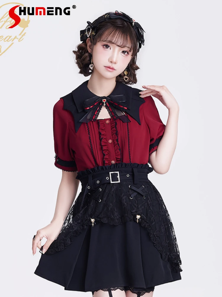 

Original Japanese Style Lace Hollow Bat Collar Shirt with Brooch 2023 Summer New Japan Sweet Girl Short Sleeve Blouse Female