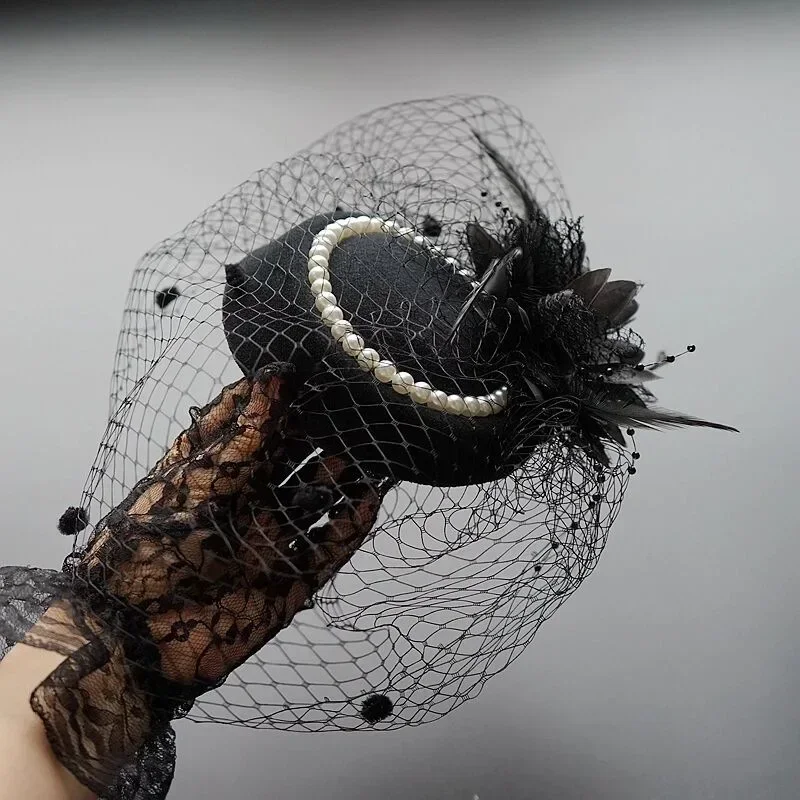 Black Veil Charm Stewardess Hat Retro Feather Pearl Hairpin Women Wedding Hair Accessories Hair Cip Party Headdress Bride Jwelry wedding veil black ivory white birdcage blusher veils pearls beads свадебная фата velo sposa اكسسوارات الزفاف